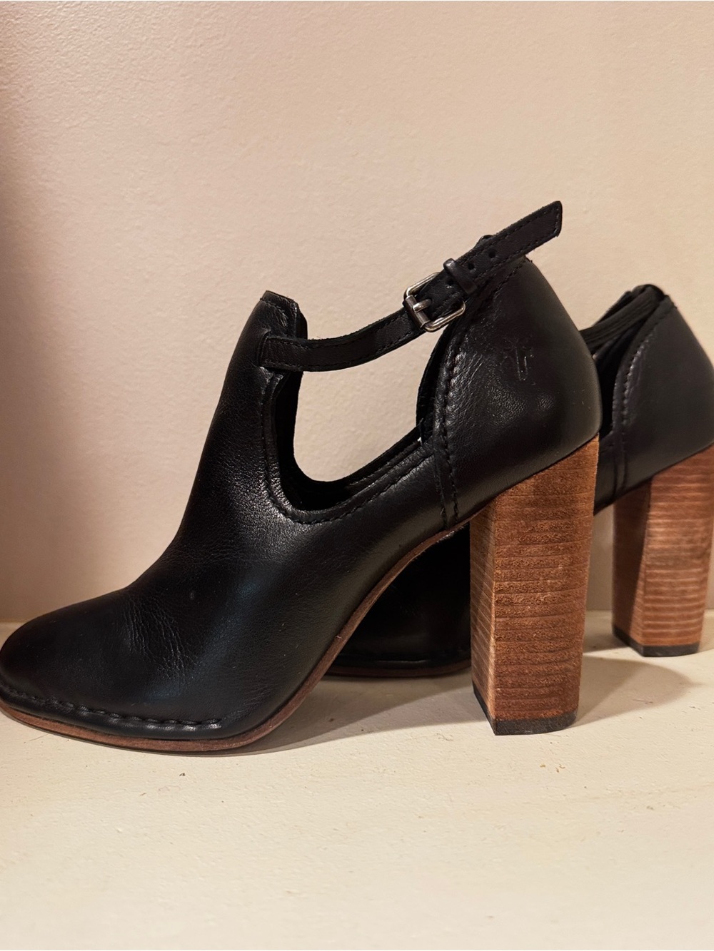 Black Leather Frye Block Heel Pumps with Cutout and Ankle Strap - Picture 5 of 5